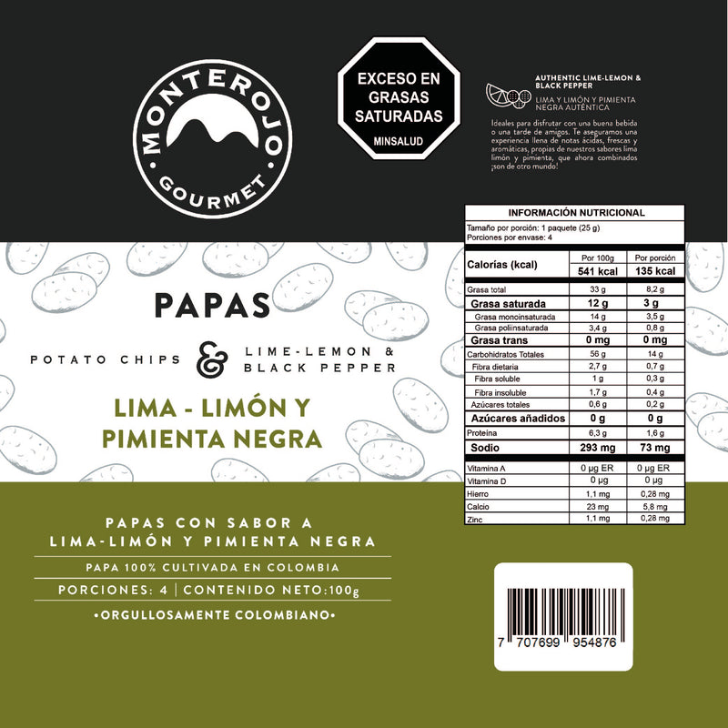 1 Pack Papas Lima Limón y Pimienta Negra 100 gr