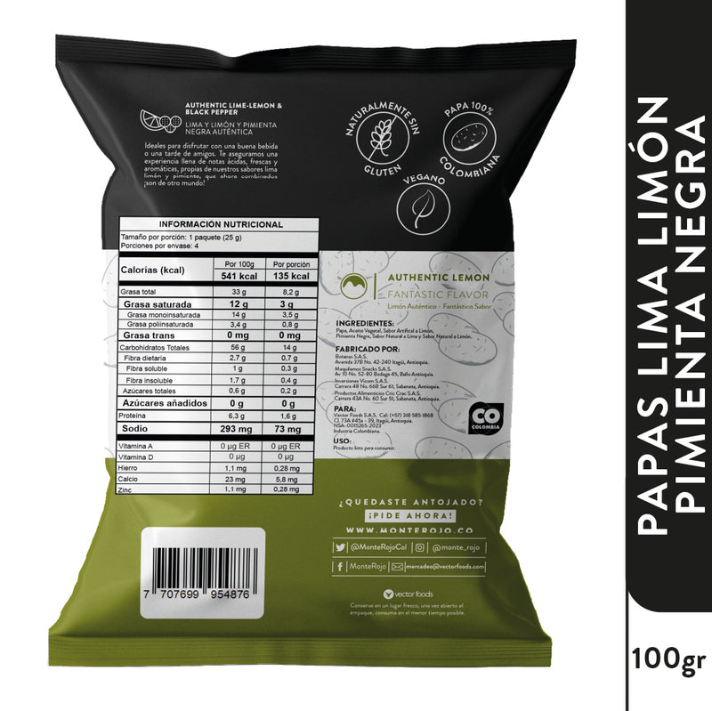 1 Pack Papas Lima Limón y Pimienta Negra 100 gr